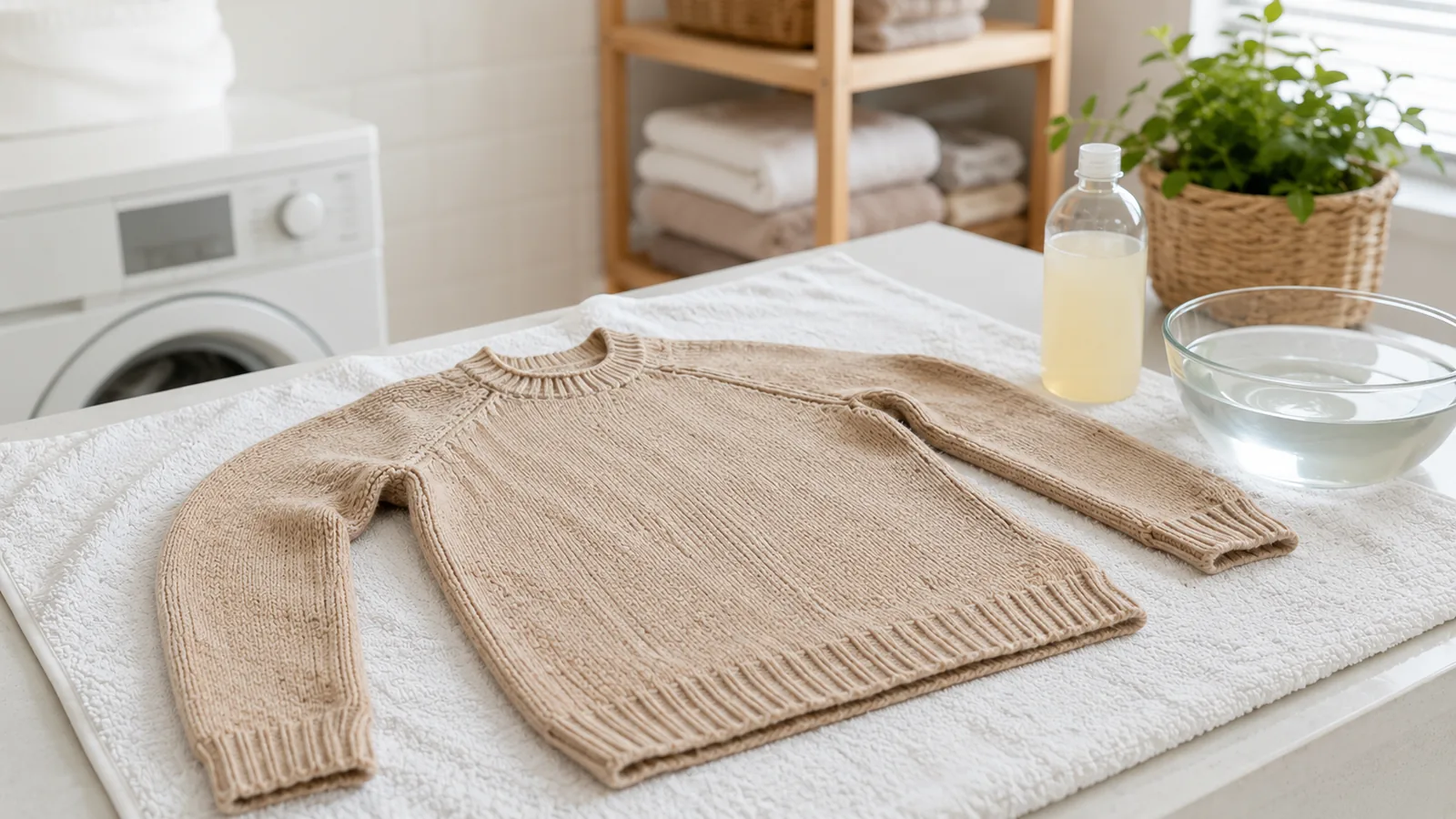 Sweter wełniany suszony na płasko na ręczniku obok płynu do wełny