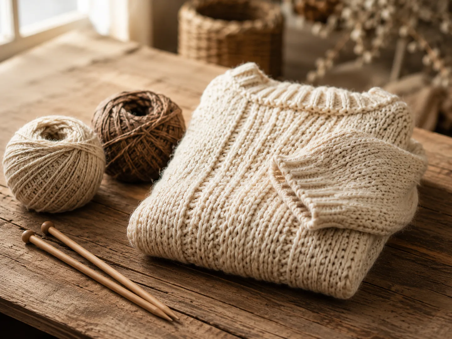 Ręcznie dziergany sweter z naturalnej wełny na drewnianym stole obok motków przędzy