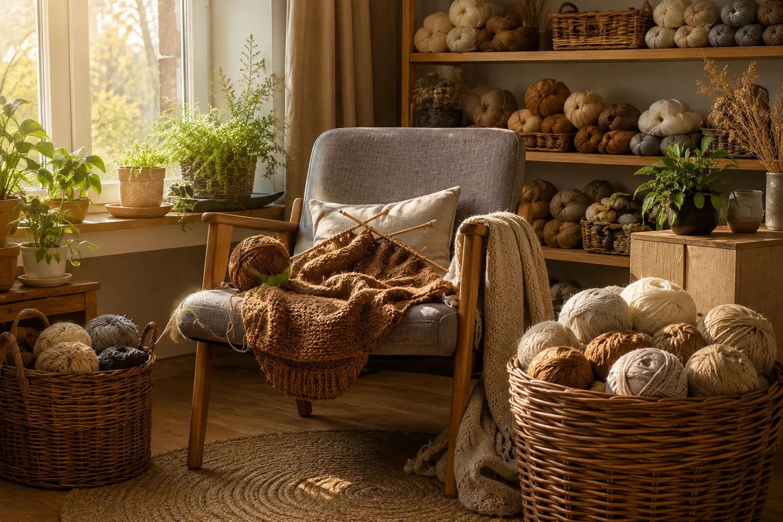 Wnętrze pracowni dziewiarskiej Handmade Heaven — dłonie przy drutach