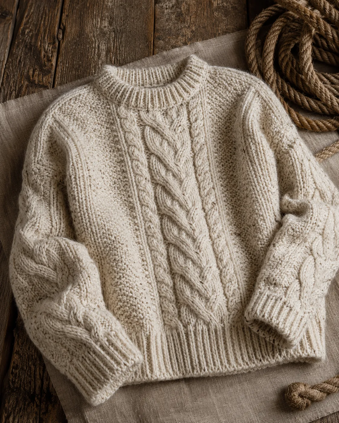 Tradycyjny sweter rybacki z niebarwionej wełny owczej w naturalnym kolorze